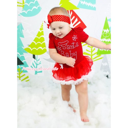 Xmas Red Baby Bodysuit Red White Pettiskirt & Sparkle Rhinestone Santa Baby & Red Headband White Red Ribbon Bow JS4172